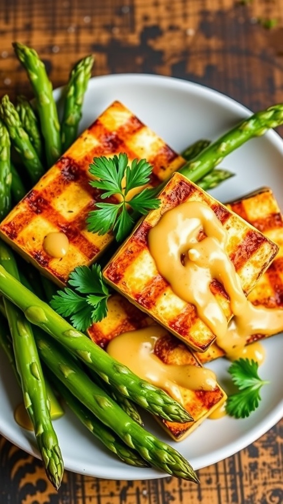 Zesty Lemon Herb Grilled Tofu with Asparagus Grilled tofu and asparagus with lemon dressing, garnished with parsley on a plate.